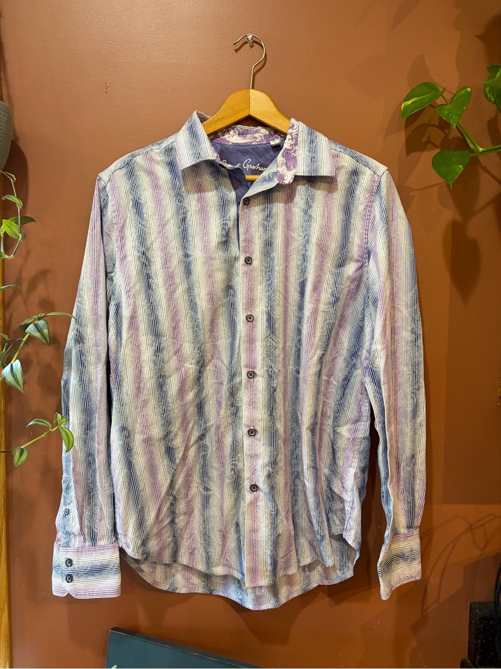 Robert Graham Striped Long-Sleeve Shirt in Lavender and Blue With Paisley Print